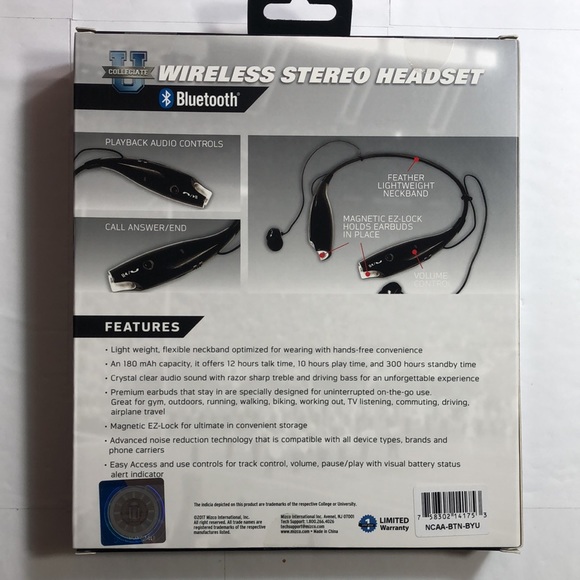 Collegiate Brigham Young Wireless Bluetooth Headset Neckband - Picture 2 of 7